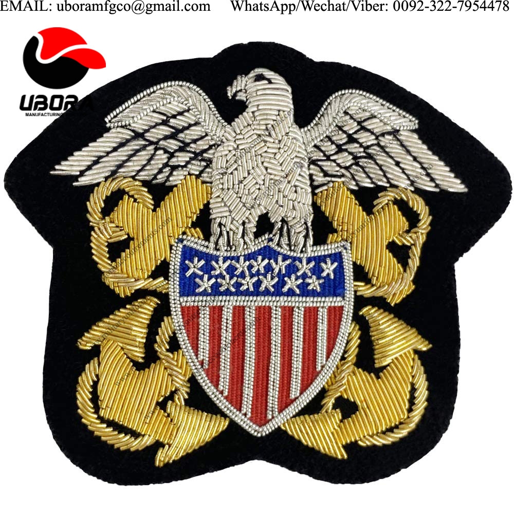 100% Hand Embroidered USN motif Metal Thread Bullion Wire American Navy Officer Crest,Badge 